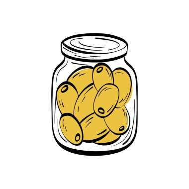 Kavanozda konserve zeytin, temiz dış hatlar ve doğal Akdeniz yemekleri. Çiftlik ürünleri, zeytinyağı etiketleri ve İtalyan veya Yunan mutfak ürünleri için ideal.