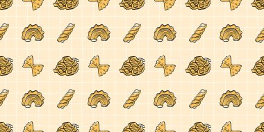 Pürüzsüz makarna deseni, temiz çizgi ikonları, fettucine, fusilli, tagliatelle. İtalyan gıda ambalajı, mutfak tekstili ve restoran geçmişi için tasarlandı..