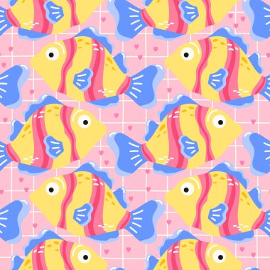 Pembe arka planda tropikal balık ve mercan desenleri var. Çocuk tekstil ürünleri, ambalaj kağıtları ve yaz plaj temaları için eğlenceli bir tasarım..