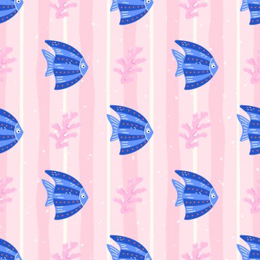 Pembe arka planda tropikal balık ve mercan desenleri var. Çocuk tekstil ürünleri, ambalaj kağıtları ve yaz plaj temaları için eğlenceli bir tasarım..