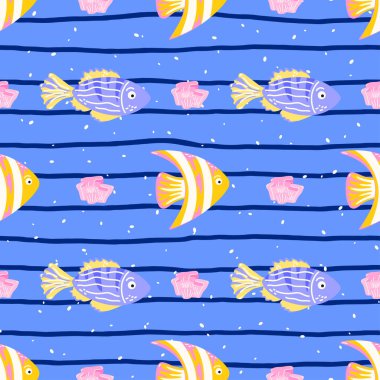 Seamless pattern with tropical fish and coral on blue background. Playful underwater design for kids textiles, wrapping paper, and summer beach themes.