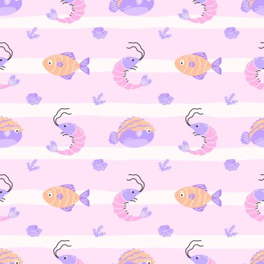 Balıklı karidesli, kusursuz bir şablon. Modern denizcilik tasarımı deniz ürünleri ambalajı, mutfak tekstili, duvar kağıtları ve yaz temalı ürünler için mükemmeldir..