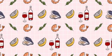 Karides, midye, limon dilimleri, şifalı otlar ve kırmızı şarap şişeleriyle ambalaj, tekstil, mutfak dekorasyonu ve gıda markaları için tasarlanmış yumuşak pembe şebeke arka planında kusursuz deniz ürünleri deseni..