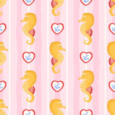 Şirin denizatları olan kusursuz bir desen. Yaz tekstil ürünleri, çocuk kıyafetleri ve plaj temalı ambalaj kağıtları için şirin deniz tropikal tasarımı..