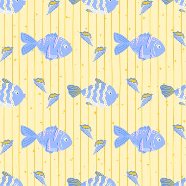 Seamless pattern with tropical fish and coral on yellow background. Playful underwater design for kids textiles, wrapping paper, and summer beach themes.