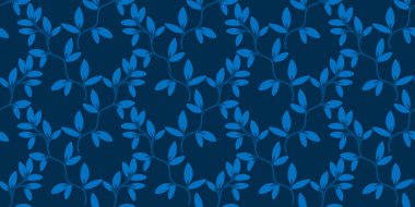 Derin donanma arka planında stilize edilmiş mavi yaprakları ve dalları olan kusursuz botanik deseni. Tekstil, duvar kağıdı, ambalaj kağıdı ve modern yüzey tasarımı için zarif yinelenen tasarım.