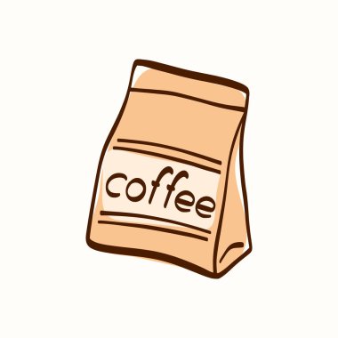 Yumuşak şekilli kahve poşeti ve basit harfli kahve. Kafe markası, ambalaj, menü, etiket, çıkartma ve dükkan görselleri için samimi kahve elementi.