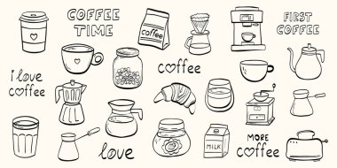 Latte fincanları, çaydanlık, fasulye ve branç elementleriyle klasik kahve seti çizimi. Kafe menüleri, fırın markalaşması ve retro mutfak temalı grafikler için tasarlandı..