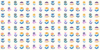 Güzel İskandinav çiçekleri, yaprakları ve temiz geometrik bir düzeni olan kusursuz çiçek deseni. İskandinav tekstil ürünleri, duvar kâğıdı ve modern iç baskılar için tasarlandı..