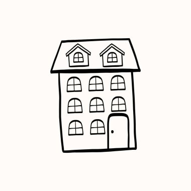 Elle çizilmiş minimal ev, Avrupa kulübeleri. Noel posterleri, rahat afişler ve basit şehir illüstrasyonları, boyama kitabı için tasarlandı..