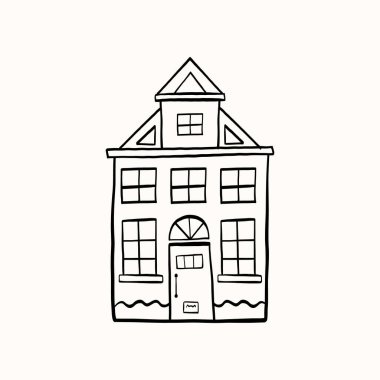 El yapımı klasik ev, Avrupa kulübeleri ve basit siluetler. Noel posterleri, rahat afişler ve basit şehir illüstrasyonları, boyama kitabı için tasarlandı..