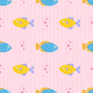 Pembe arka planda tropikal balık ve mercan desenleri var. Çocuk tekstil ürünleri, ambalaj kağıtları ve yaz plaj temaları için eğlenceli bir tasarım..