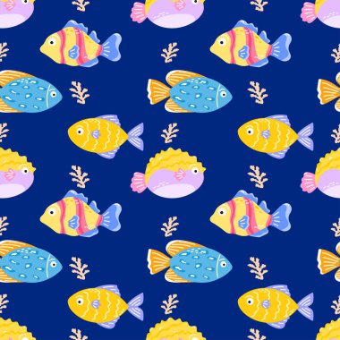 Seamless pattern with tropical fish and coral on blue background. Playful underwater design for kids textiles, wrapping paper, and summer beach themes.