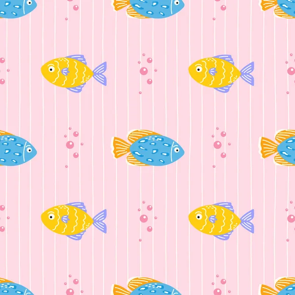 Pembe arka planda tropikal balık ve mercan desenleri var. Çocuk tekstil ürünleri, ambalaj kağıtları ve yaz plaj temaları için eğlenceli bir tasarım..