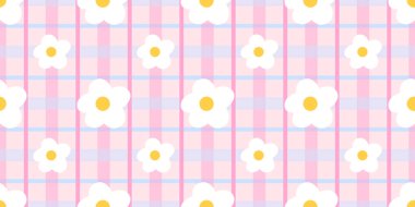 Beyaz papatya çiçekleri ve yumuşak pembe gingham desenli kusursuz papatya deseni. Bahar kumaşları, bebek duvar kağıtları ve sevgililer günü veya paskalya baskıları için tasarlandı..