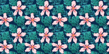 Egzotik yaprakları, canavarları ve çiçekleri olan dikişsiz tropik bir çiçek. Plaj tekstili, botanik duvar kağıdı ve Hawaii 'den esinlenilmiş dekorasyon için ideal..