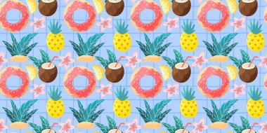 Ananas, hindistan cevizi, çiçek ve yumuşak gingham içeren kusursuz tropikal meyve deseni. Yaz kumaşları, plaj duvar kağıtları ve neşeli tatil paketleri için tasarlandı..