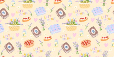 Pastel sepetleri, çiçekleri ve rahat bir kawaii havasında limonatasıyla kusursuz bir piknik deseni. Çocuk tekstil ürünleri, ambalaj kağıtları ve yaz duvar kağıtları için tasarlandı..