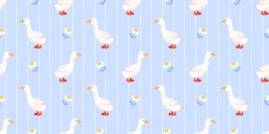 Pastel mavi çizgili arka planda kusursuz kaz deseni. Çocuk bezleri, duvar kağıtları, hediye paketi ve yumuşak bahar dekorasyonu için papatyalar..