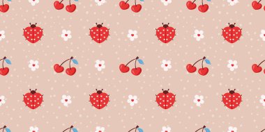 Kırmızı böcekler, kiraz, çiçekler ve yumuşak kalp aksanlı kusursuz bir uğur böceği deseni. Bebek kumaşları, bahar pijamaları ve tatlı sevgililer günü baskıları için tasarlandı..