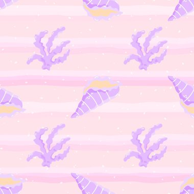 Pembe ve menekşe mercanları ve pastel elmas arkaplanlı vektörsüz desen. Yumuşak deniz tasarımı yaz tekstili, ambalaj kağıdı, duvar kağıdı ve plaj temalı dekor için mükemmeldir..