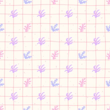 Pembe ve menekşe mercanları ve pastel elmas arkaplanlı vektörsüz desen. Yumuşak deniz tasarımı yaz tekstili, ambalaj kağıdı, duvar kağıdı ve plaj temalı dekor için mükemmeldir..