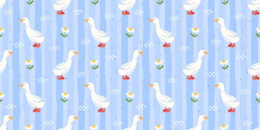 Pastel mavi çizgili arka planda kusursuz kaz deseni. Çocuk bezleri, duvar kağıtları, hediye paketi ve yumuşak bahar dekorasyonu için papatyalar..