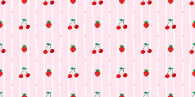 Çiçekli, kirazlı ve çileksiz arkaplan. Kawaii duvar kağıtları, bahar kumaşları ve tatlı paketleme için ideal..