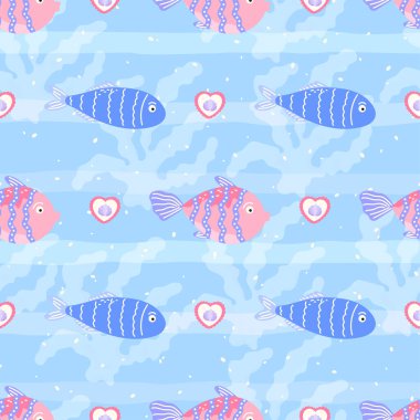 Seamless pattern with tropical fish and coral on blue background. Playful underwater design for kids textiles, wrapping paper, and summer beach themes.