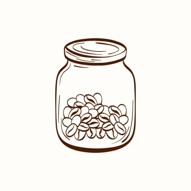 İçinde kahve çekirdekleri bulunan cam kavanoz. Kafe markası, ambalaj, menü, etiket, çıkartma ve kahve tasarımları için basit depolama ögesi.