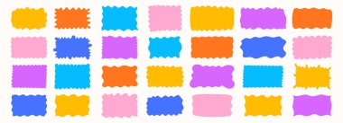 Dalgalı organik dikdörtgen çerçeve, akışkan eğriler, zikzak kenarları ve düzensiz kütle şekilleri. Konuşma baloncukları, afişler ve çocuk dostu tasarım unsurları için ideal.