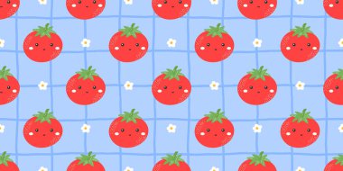 Tatlı domatesli, dikişsiz arka plan, kawaii yüzlü ve çiçek aksanlı. Kumaş baskılar, ambalaj kağıtları ve neşeli yaz yemekleri tasarımları için ideal..