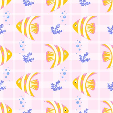 Pembe arka planda tropikal balık ve mercan desenleri var. Çocuk tekstil ürünleri, ambalaj kağıtları ve yaz plaj temaları için eğlenceli bir tasarım..