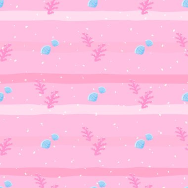Pembe ve menekşe mercanları ve pastel elmas arkaplanlı vektörsüz desen. Yumuşak deniz tasarımı yaz tekstili, ambalaj kağıdı, duvar kağıdı ve plaj temalı dekor için mükemmeldir..