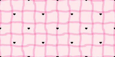 Bebek gingham ve kalp çizgileri olan çizgili suluboya dalgalar. Kusursuz masa örtüsü pembe, siyah kumaş dama tahtası ve beyaz ekoseli dama. Çizgili şirin arkaplan çizgisi.