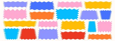 Dalgalı organik dikdörtgen çerçeve, akışkan eğriler, zikzak kenarları ve düzensiz kütle şekilleri. Konuşma baloncukları, afişler ve çocuk dostu tasarım unsurları için ideal.