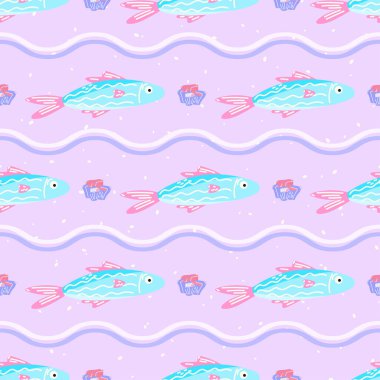 Pembe arka planda tropikal balık ve mercan desenleri var. Çocuk tekstil ürünleri, ambalaj kağıtları ve yaz plaj temaları için eğlenceli bir tasarım..