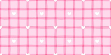 Bebek çizgileri ve dikişsiz çizgi çizgileri olan çizgili suluboya dalgalar. Masa örtüsü, pembe kumaş, beyaz pamuklu kalp ve ekoseli dama. Dikey olarak arkaplan yazdırma çizgisi.