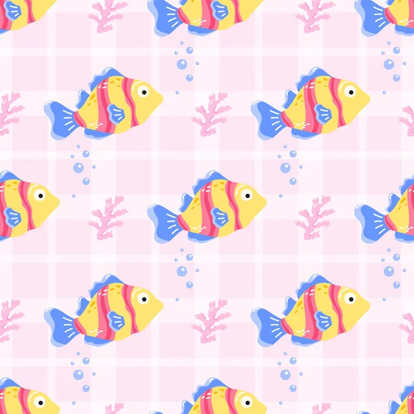 Pembe arka planda tropikal balık ve mercan desenleri var. Çocuk tekstil ürünleri, ambalaj kağıtları ve yaz plaj temaları için eğlenceli bir tasarım..