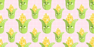 Kawaii tatlı mısırı ve basit pastel detaylarla donatılmış tatlı mısır dikişsiz arka plan. Çocuk duvar kağıtları, market paketleri ve eğlenceli yemek temalı baskılar için idealdir..