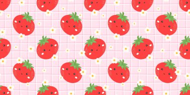 Yumuşak pembe gingham arka planında gülümseyen kırmızı meyveli kusursuz kawaii domates deseni. Çocuk tekstil ürünleri, mutfak dekorasyonu ve eğlenceli gıda ambalajları için tasarlandı..
