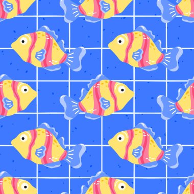 Seamless pattern with tropical fish and coral on blue background. Playful underwater design for kids textiles, wrapping paper, and summer beach themes.