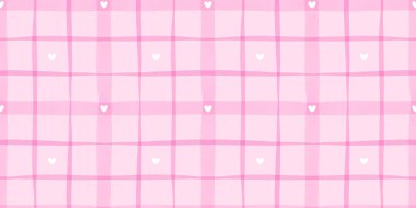 Çizgili desenli suluboya bebek çizgileri ve sevgililer günü çizgileri ile pembe kumaşlı ve beyaz pamuklu masa örtüsünün içinden geçiyor. Sevimli bir arkaplanda kalp ekoseli ve denetleyici baskısı.