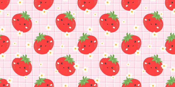 Yumuşak pembe gingham arka planında gülümseyen kırmızı meyveli kusursuz kawaii domates deseni. Çocuk tekstil ürünleri, mutfak dekorasyonu ve eğlenceli gıda ambalajları için tasarlandı..
