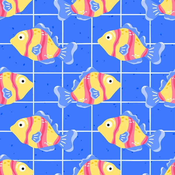 Seamless pattern with tropical fish and coral on blue background. Playful underwater design for kids textiles, wrapping paper, and summer beach themes.