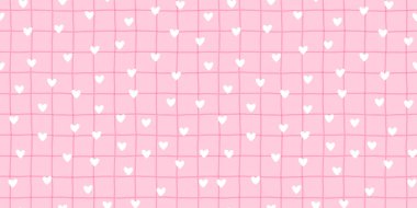 Kalıpsız sevgililer günü pastası ve küçük sevimli bir aşk. Günlük vektör geçmişi olan küçük bir hendek yazdır ve ekose bebeğe bak. Çizgi masa örtüsü kalp tasarımı hassas desen.