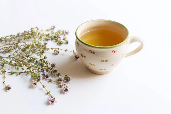 Thymus pulegioides Tee und Blätter. Tee wirkt bei Erkrankungen der oberen Atemwege. Heilkräuter.Das Konzept der gesunden Ernährung. — Stockfoto