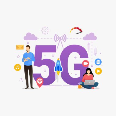 Mobil akıllı telefon tasarım konsept çizimi ile yüksek hızlı kablosuz bağlantı 5G kullanan insanlar