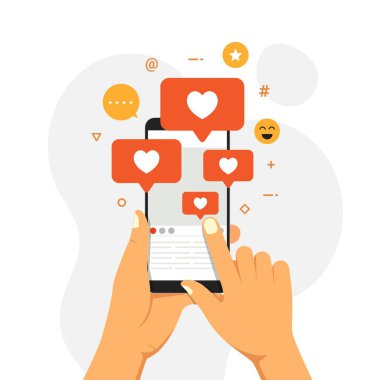 Sosyal Medya Etkilendirici Konsepti, insanların bir akıllı telefondan etkinlik için sosyal medya profiline beğeni ve tepkiler getirdiğini gösteriyor. Telefon vektör illüstrasyonuyla el