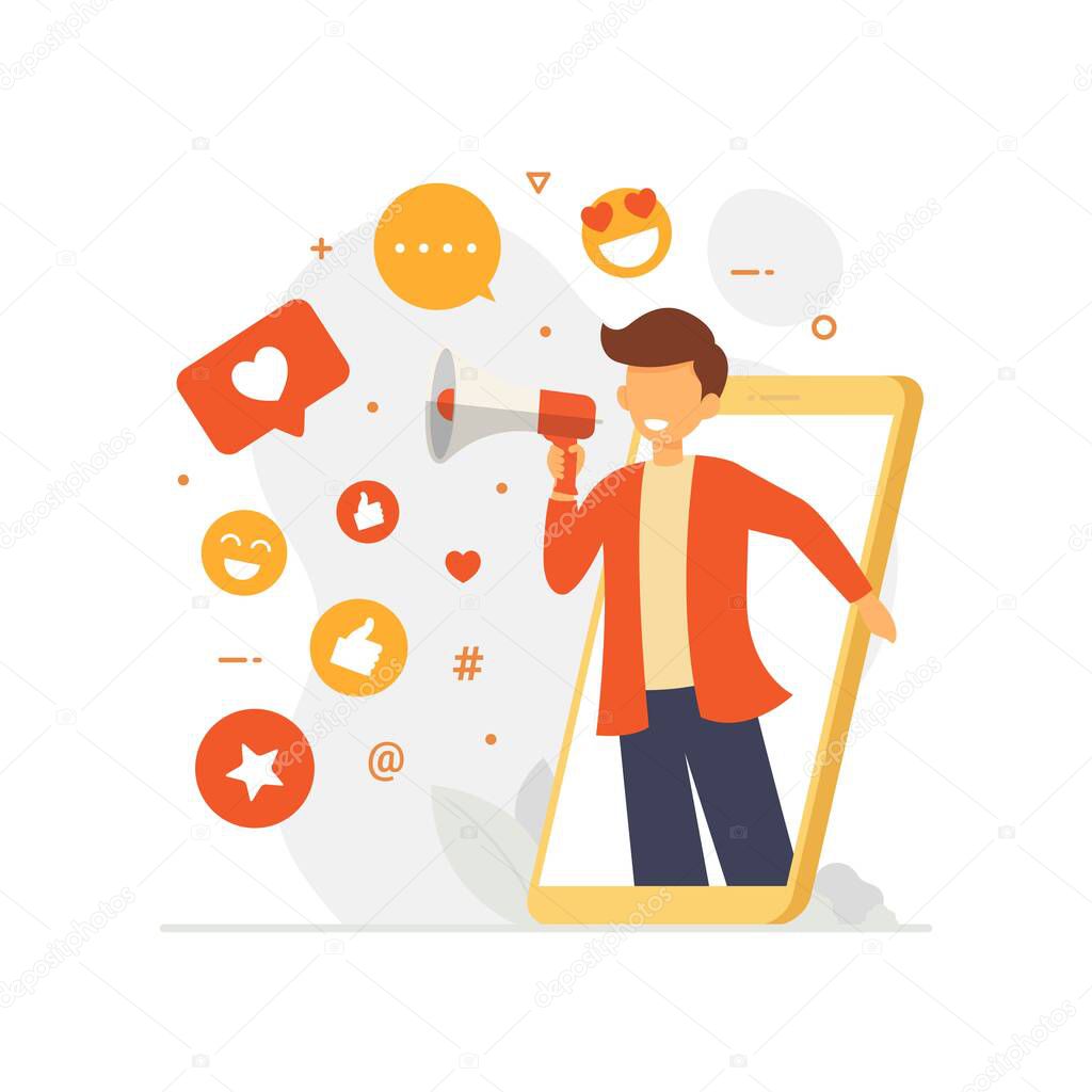 Social Media Influencer Concept Showing people bringing likes and reactions to a social media profile on a smartphone for get engagement. hand with phone vector illustration